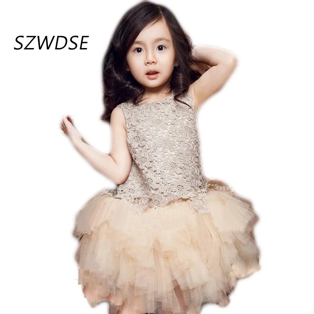 

Summer Lace Voile Ball Gown Dress Champagne Splice Mesh Girl Dresses Gown Baby Kid Teens Clothes Costume Lucky Child Clothing