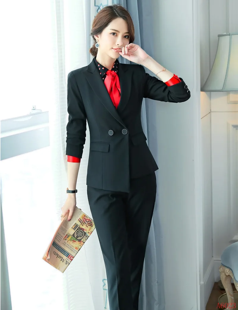 Usure marine Bureau Femmes Noir Ensembles Uniforme Bleu Travail Costumes Blazer Qualité Et Veste Dames Formelle D'affaires Noir Haute Pantalon WT1zFqBwx