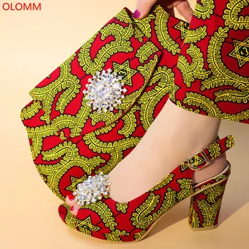 

OLOMM red Shoes with Matching Bags Set Decorated with Rhinestone African Wedding Shoes and Bag Set Nigerian Women Shoes!!YRP1-19