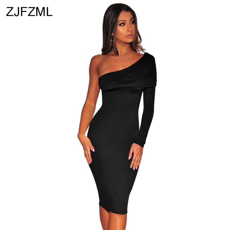 

One Shoulder Elegant Bodycon Midi Dress Women Black Long Sleeve Oblique Shoulder Bandage Dress Sexy White Open Back Party Dress