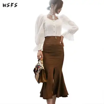 

2 Piece Set Autumn White Long Flare Sleeve Shirt Top Women Dress Khaki Mermaid Midi Skirt Elegant Sexy Party Office Lady Dress