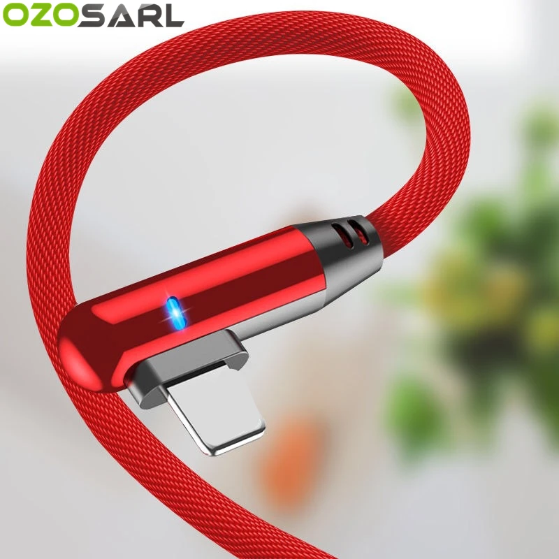 

5V 2.4A Fast Charging LED Light 90 Degree Cable USB Type C Micro USB Charger Cable L Type Bending Nylon Cord for iPhone Cable