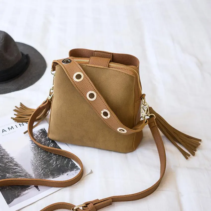 

Scrub Leather Wide Strap Tassel Design Women Leather Messenger bag Top-handle Handbag Small Shoulder bag hard