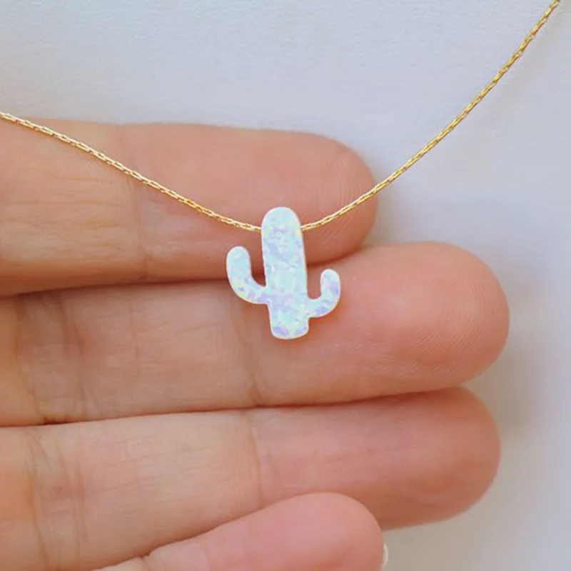 

Opal Stone Cactus Pendants Necklaces For Women Silver Gold Chain Choker Necklace New pop plant cactus necklace simple jewelry