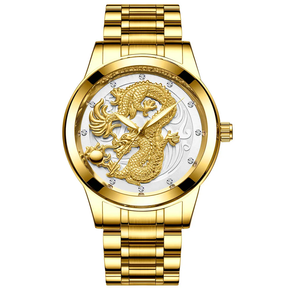 FNGEEN New watch male quartz watch dragon pattern luminous gold color quartz ultra-thin steel belt 