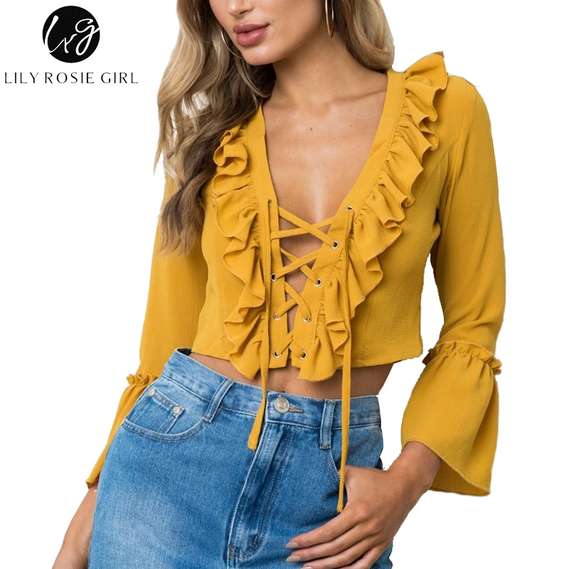 

Lily Rosie Girl Sexy Lace Up V Neck Yellow Women Crop Shirts Autumn Fuffles Flare Long Sleeve Short Blouses Casual Shirt