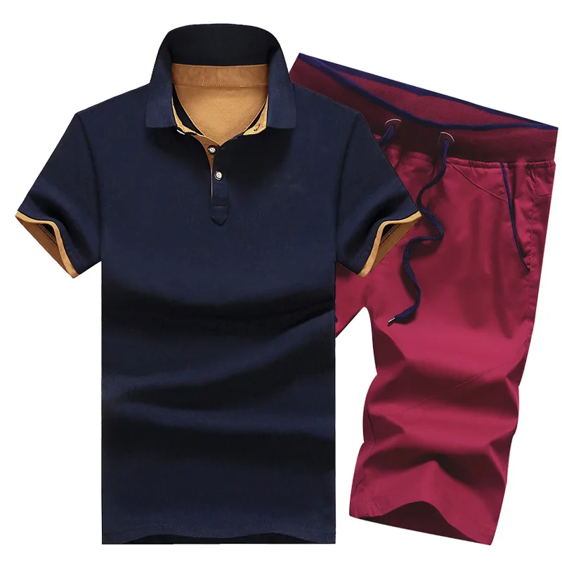 Хлопковые мужские комплекты, летние рубашки поло на пуговицах, мужские шорты с отложным воротником, 4XL, Мужская одежда, комплект из 2 предметов, спортивный костюм, шорты с эластичным поясом - Цвет: blue501 red K511