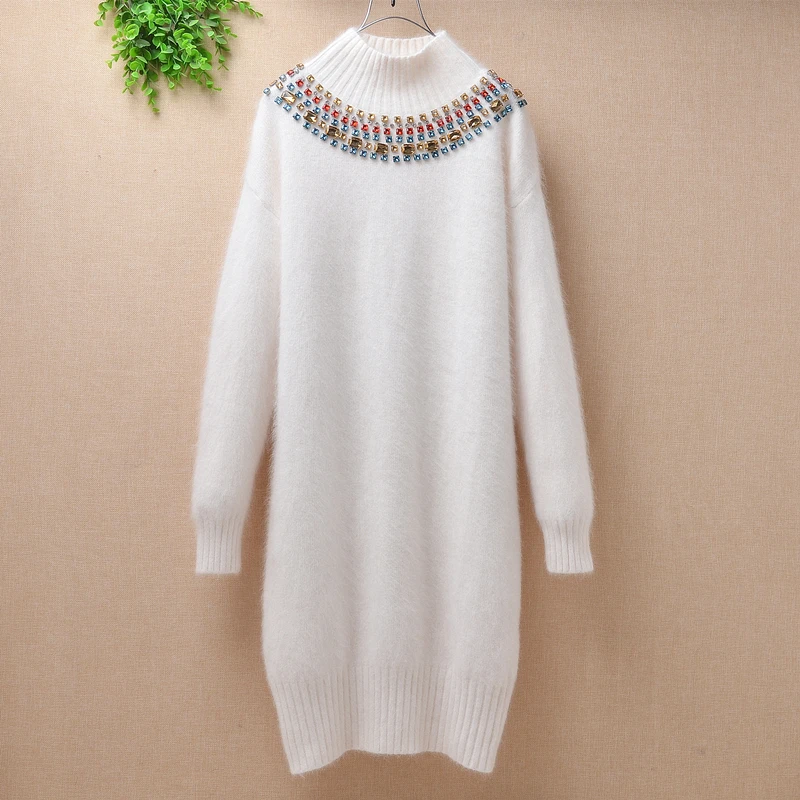 

Ladies women long fashion white beading angora rabbit fur hand knitted slim turtleneck long sleeves slim pullover sweater dress
