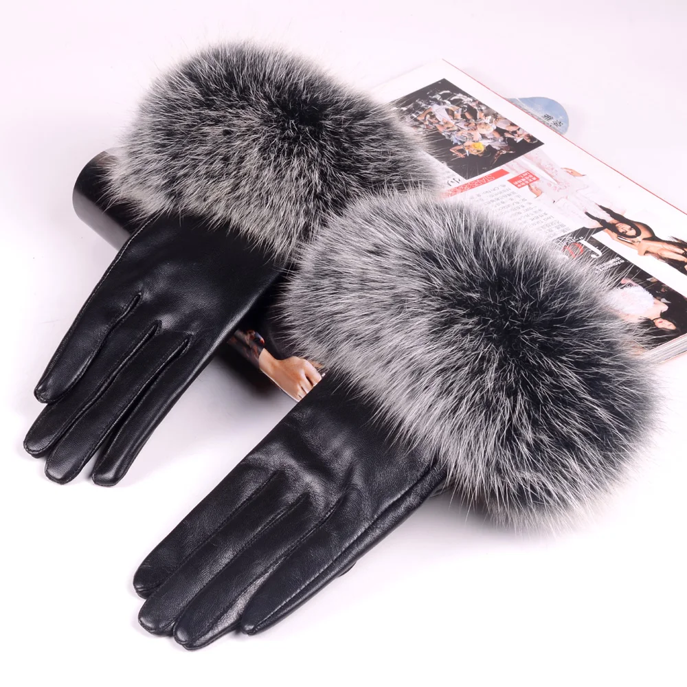 

New Women's Ladies Real Fox Fur with Genuine Leather Winter Warm Lambskin Gloves