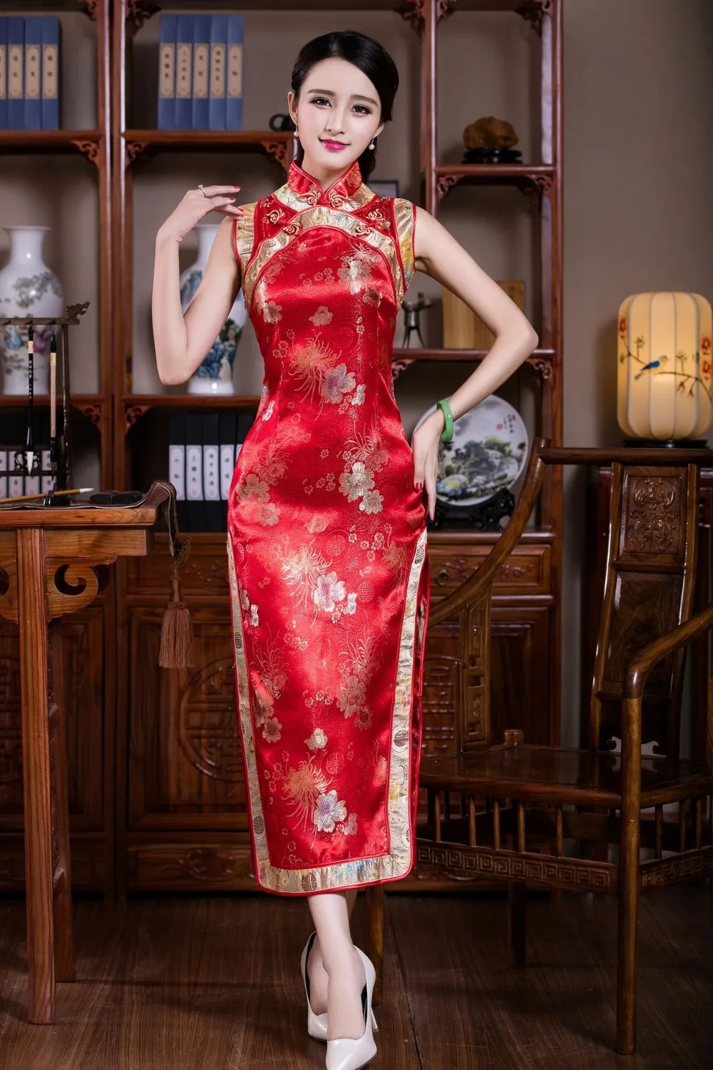 Buy Red Traditional Chinese Clothing Women S Satin Polyester Long Cheongsam