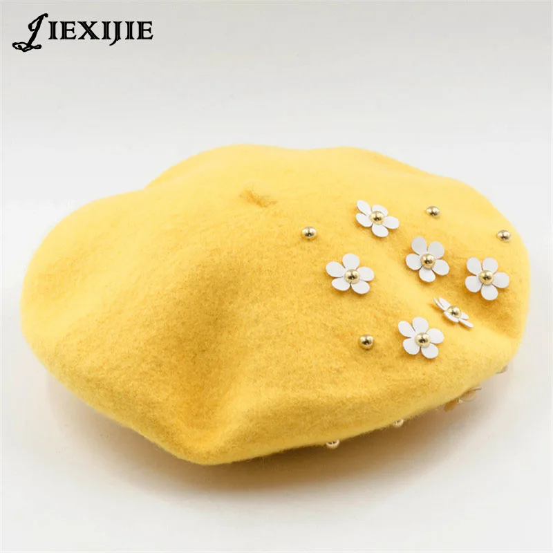 

high quality Korean pearl flower 100% wool beret Ms. Wool painter hat Casual Solid Color Bonnet Caps For Girls Female Boina