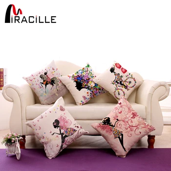 

Square 18" Cotton Linen Decorative Cushions Flower Fairy Bike Butterfly Throw Pillows Sofa Home Decor No Inner