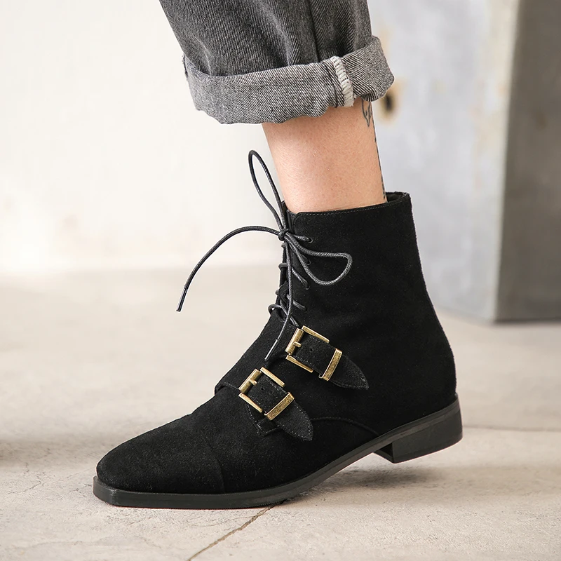 

Women's genuine suede leather lace-up flats martin boots double metal buckle punk autumn short booties high quality shoes women