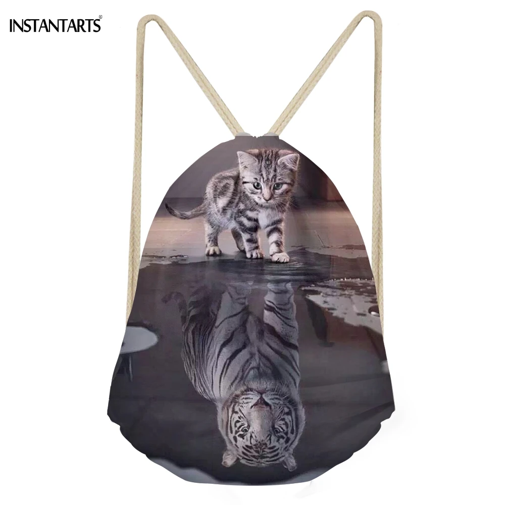 INSTANTARTS Cat отражение с принтом Тигра для мальчиков и девочек завязки сумки Повседневное хранения школьные рюкзаки Softback дети пляжные сумки