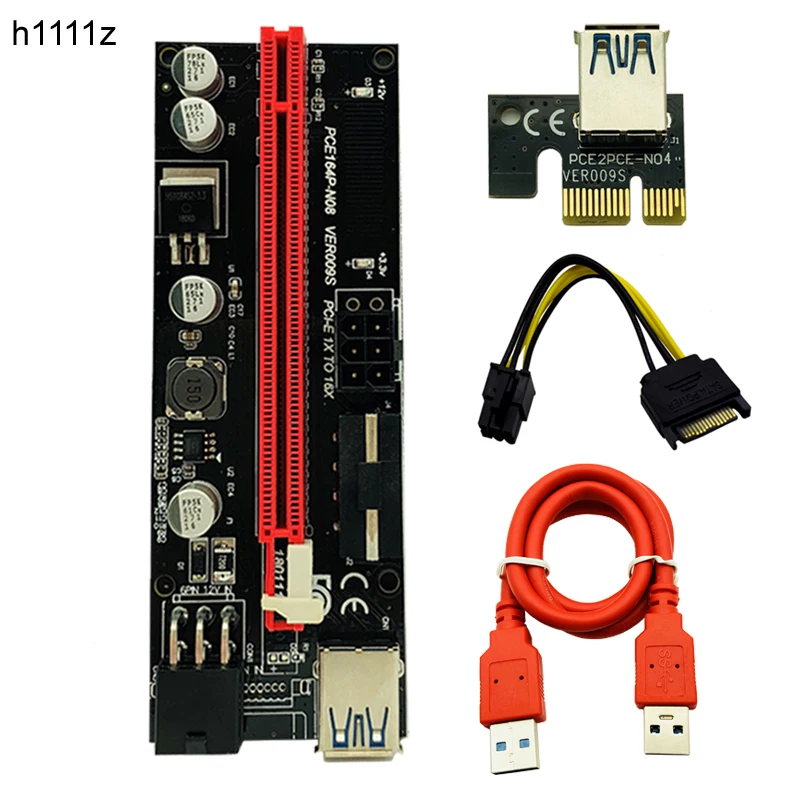 Адаптер 009S PCIE RISER 6PIN 16X с 2 светодиодами экспресс картой кабелем питания Sata и USB 3 0 60