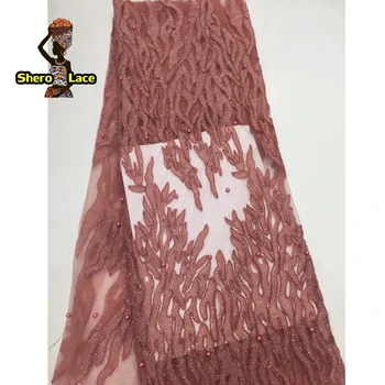 

Pink color nigerian lace fabric 2019 high quality french lace fabric with beads for party dress