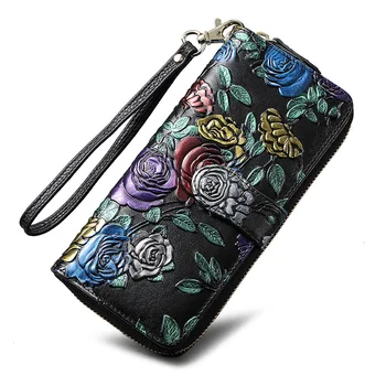 

Luxury Brand Fashion Flower Print Genuine Leather Wallet Women Long Wallet Cowhide Zipper Coin Purse Female Clutch Wallets