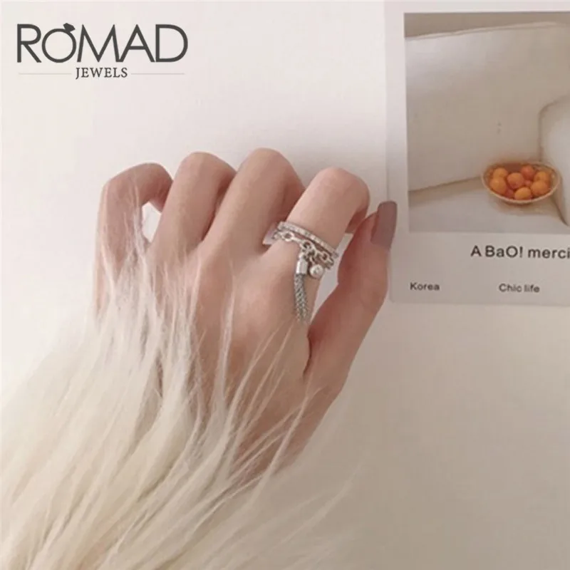 

ROMAD Mental Tassel Ring with AAA Cubic Zirconia Chain ZC 2 Layer Finger Rings for Women Mental Ball Engagement Ring anillos R4