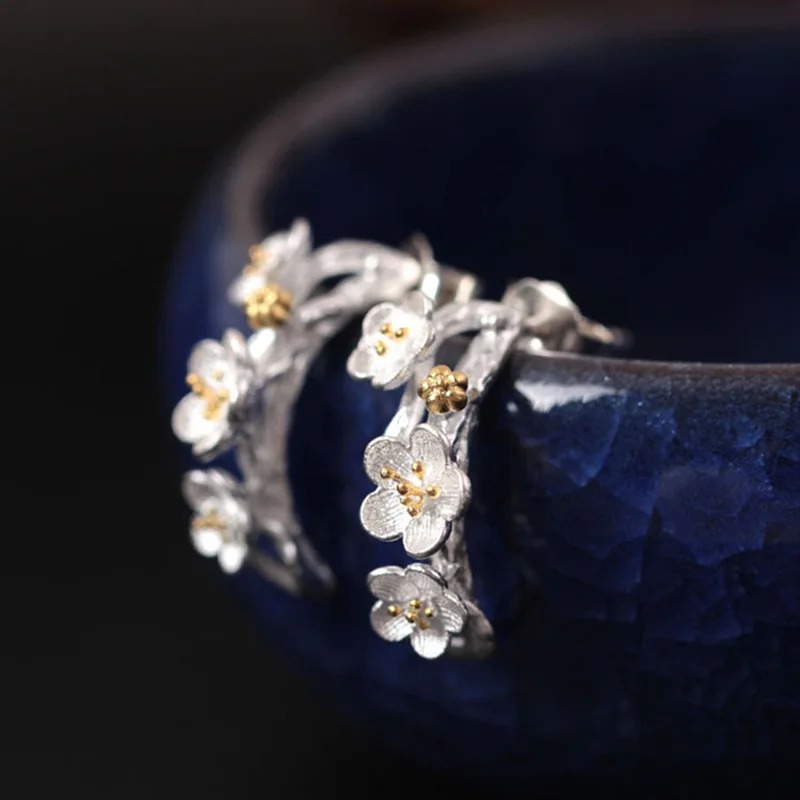 Женские серьги гвоздики из серебра 925 пробы с цветком сливы|stud earrings|jewelry earringsjewelry