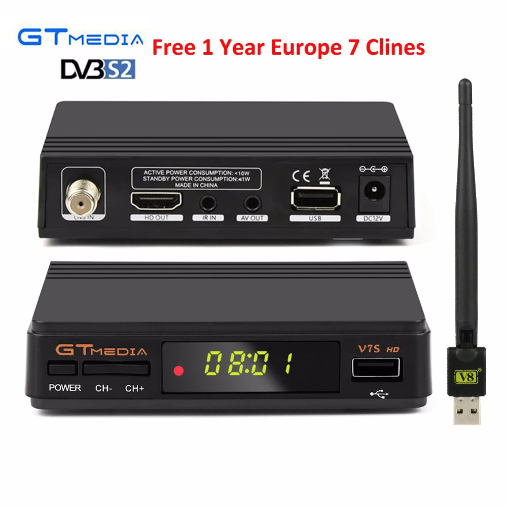 

1 year 7 clines for europe GTmedia V7S HD DVB-S2 Satellite Receiver 1080P HD Receptor+USB WIFI Support PowerVu YouTube Biss key