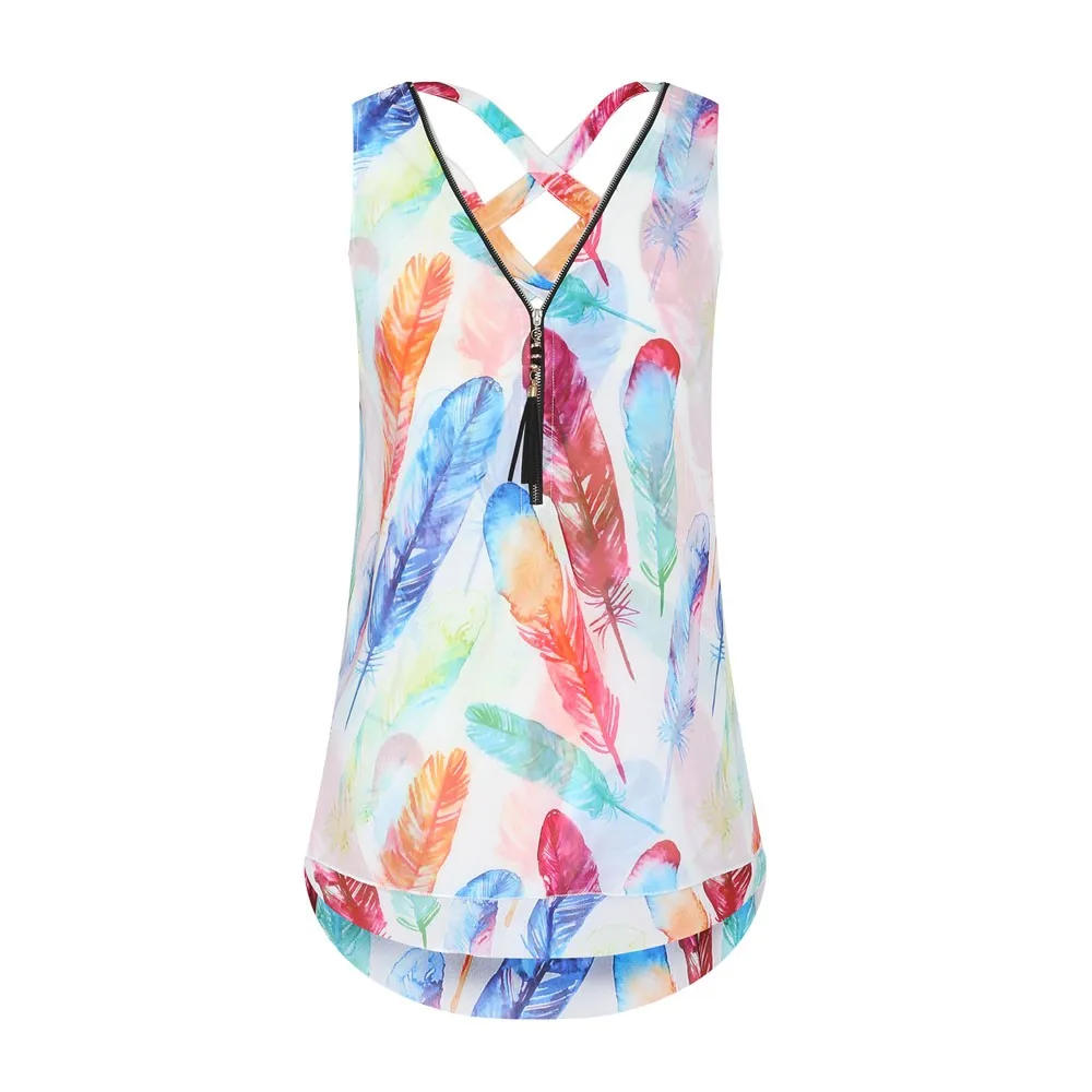 

Women Chiffon Print Loose Sleeveless Tank Top Cross Back Hem Layed Zipper Tassel V-Neck T Shirts Tops Camisas Mujer 2019 #LL