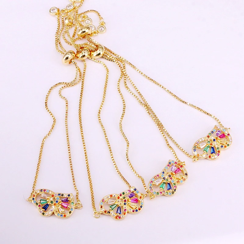 

6PCS, Hot Fashion Rainbow CZ Colorful Zirconia Double Hearts Link Chain Adjusted Bracelet