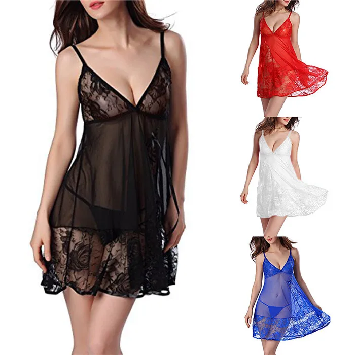 Womens Deep V-Neck Lingerie Lace See Through Babydoll Nightgown Sexy Nightwear