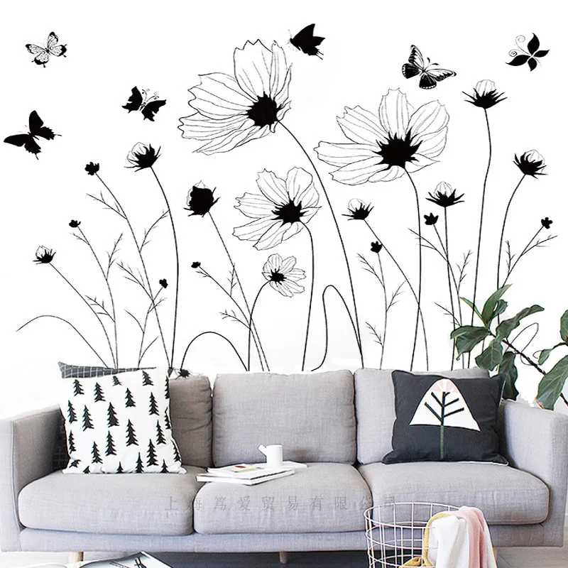 

Черный стикер для стен «Одуванчик» ПВХ материал DIY Бабочка Одуванчик Наклейки на стены для гостиной дивана настенная фоновая декоративная наклейка