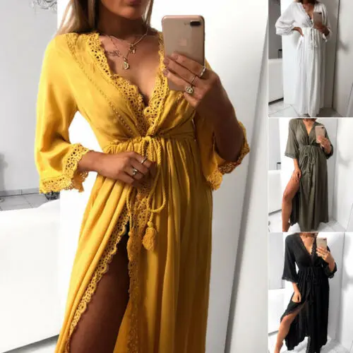 US 2019 для женщин макси платье пляжное Бикини Cover up длинное летнее Boho Купальники