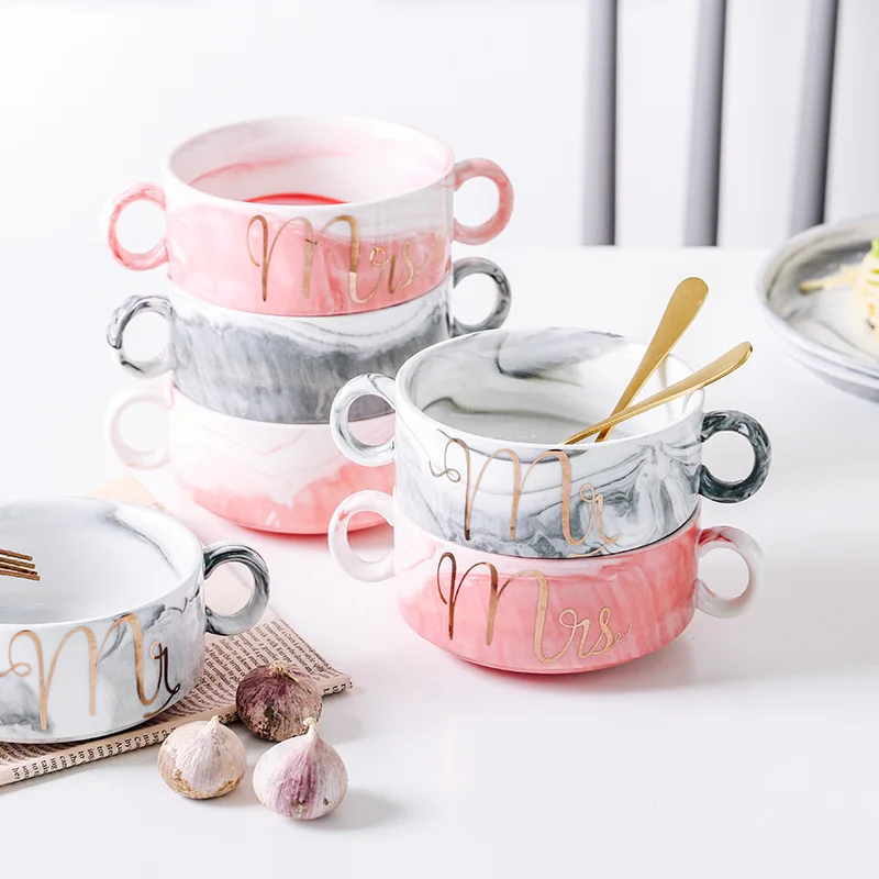 

Marble Pattern Ceramic Binaural Soup Bowl Salad Dessert Rice Bowl Fruit Salad Plate Tableware Tea Snack Practical Kitchen Tool