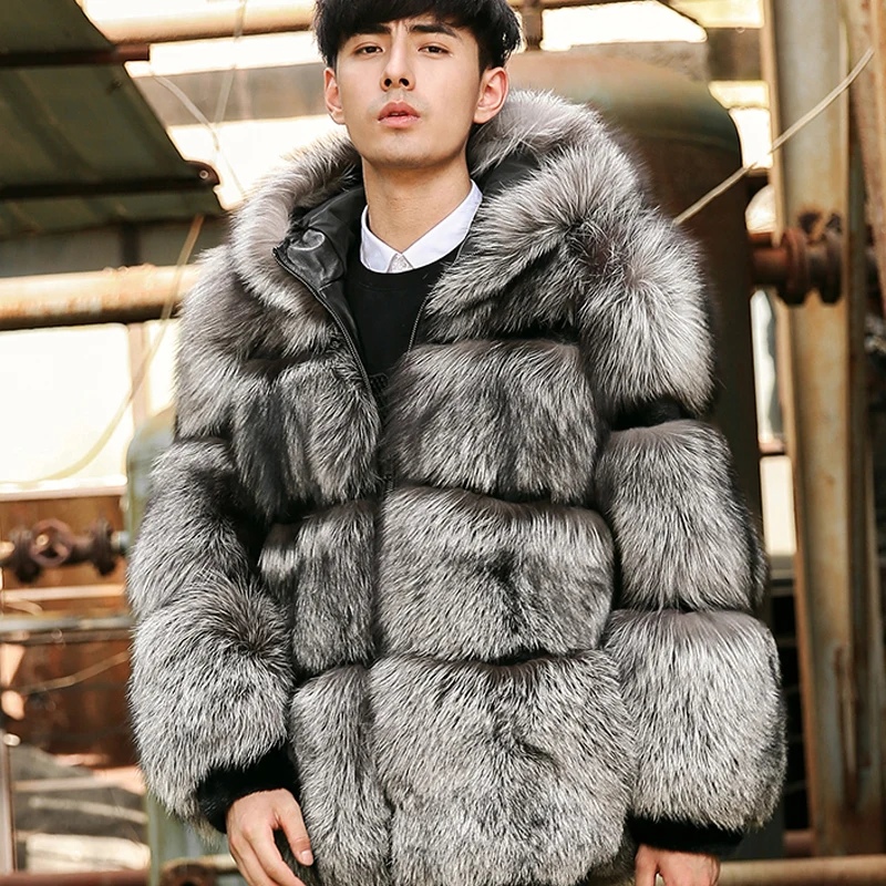 Denny&Dora Men's Fashion Fox Fur Coat Hooded Large Fur Collar Two colors, accept custom,warm and comfortable