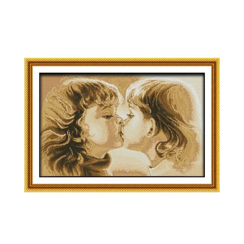 

Cute Little Boy Girl Kiss Painted Handmade DIY Embroidery Cross Stitch Kit Couple Baby Black and White Character Image