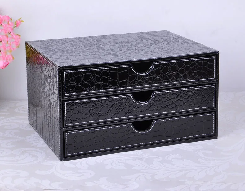 3-слойный 3-ящик для ящиков строительство кожаный пенал картотечный шкаф для хранения ящиков офисный Органайзер контейнер для документов под крокодиловую кожу black217C