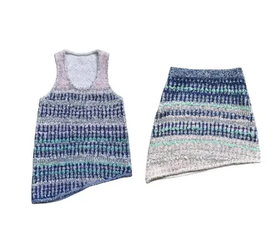 2018 Cuba Runway Luxurious Brand Ins Popular Gold lurex Elastic Knit Raibow gradually varied irregular Tank Top + Mini Skirt | Женская