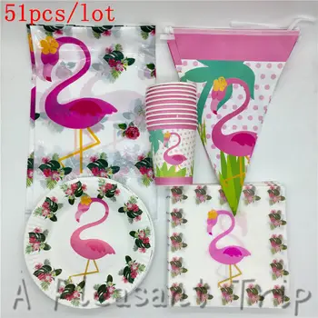 

51pcs/lot Delicate Cartoon Flamingo Theme Pack Happy Birthday Decorative Banner Party Supplies Baby Shower Napkins