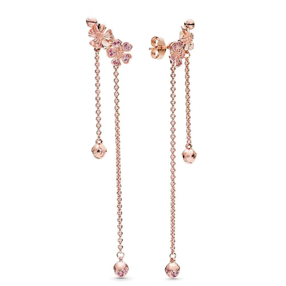 

2019 NEW 100% 925 Sterling Silver Earring Long Peach Series Earrings Rose Gold Clear CZ Ear Studs Fit DIY GIFT Wholesale