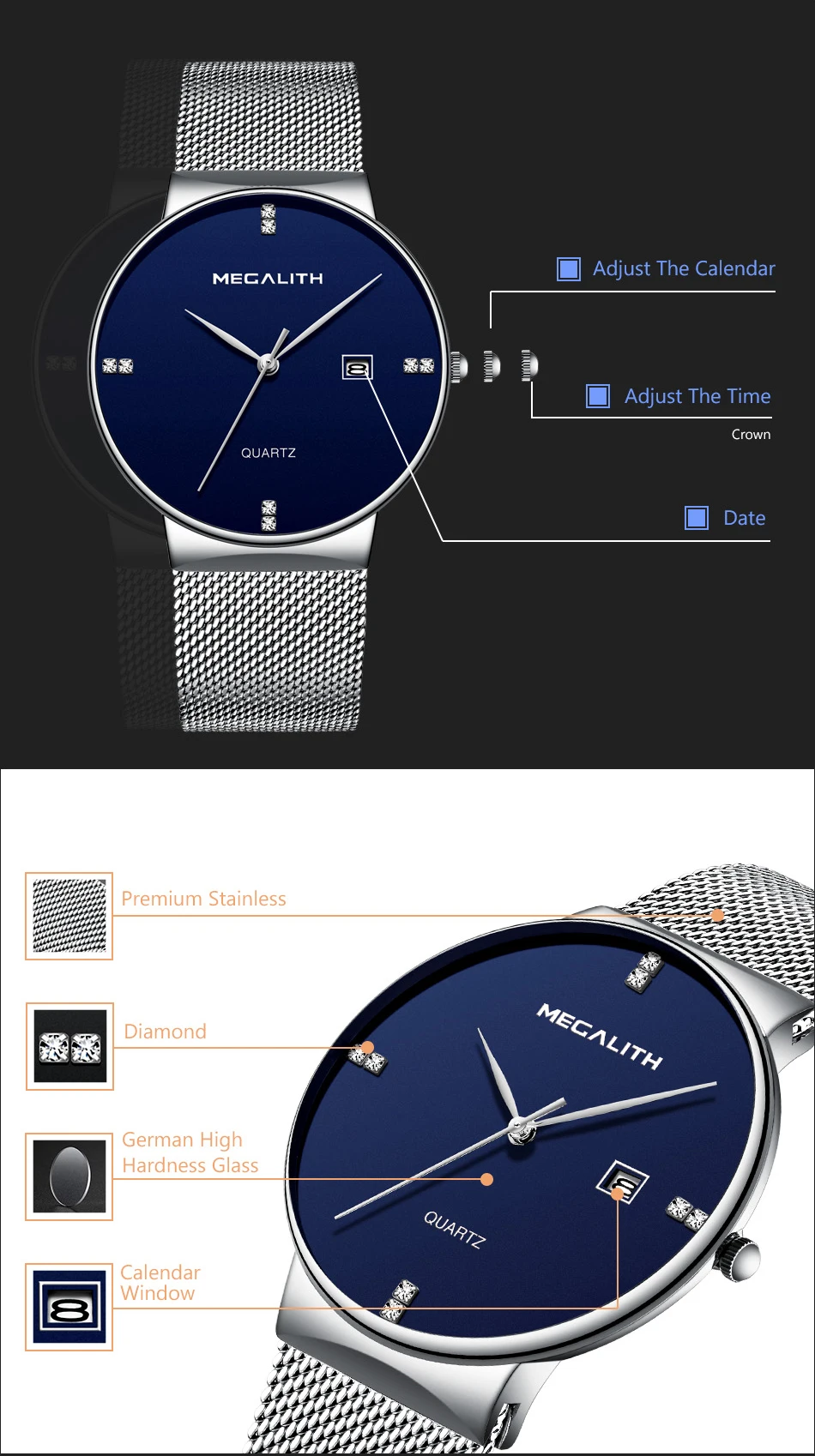 MEGALITH мужские часы бизнес водонепроницаемый Нержавеющая сталь сетки наручные часы мужские спортивные простой дизайн аналоговые часы для мужчин