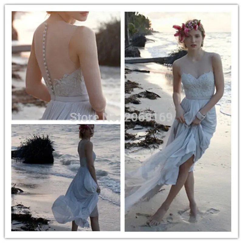 Elegant Long Boho Wedding Dresses Scoop Appliques Lace Light Blue