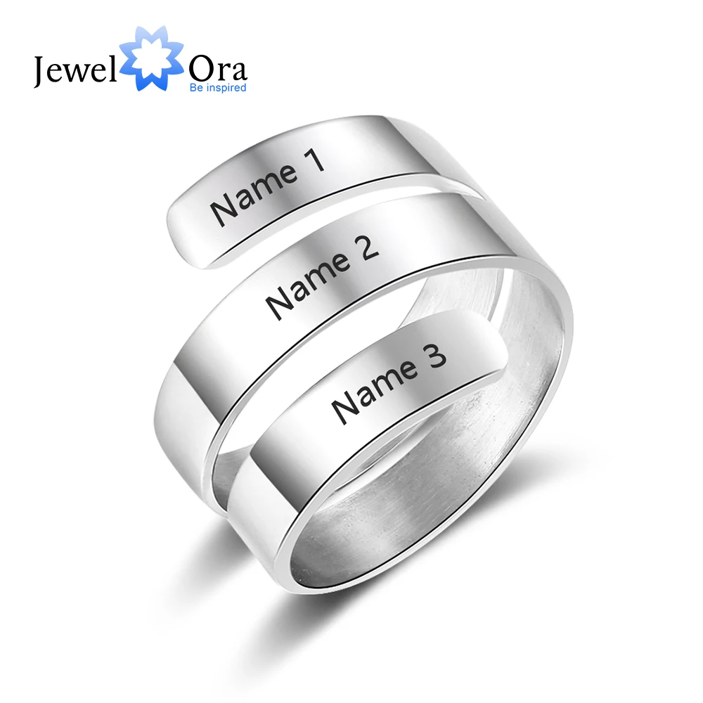 2 Color Personalized Gift Engraved 3 Name Stainless Steel Adjustable Rings For Lovers' Anniversary Jewelry (JewelOra RI103745)