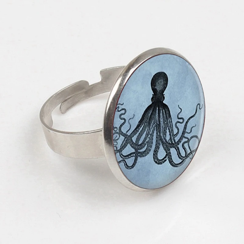 

2019 Blue Octopus ring Kraken Beach Jewelry Art necklace Octopus print glass ring