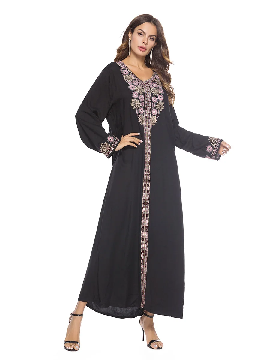 Elegant Muslim Embroidery Abaya Vintage Maxi Dress Kimono Long Sleeve