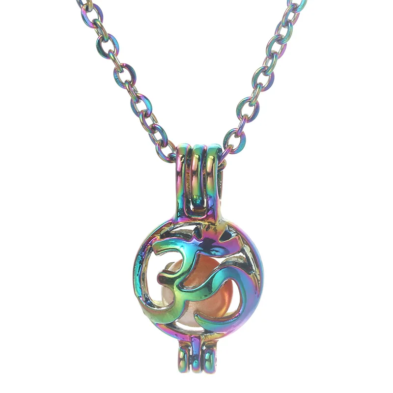 Rainbow Color Yoga Logo Pattern Perfume Pearl Cage Pendant Necklace Aromatherapy Essential Oil Diffuser Box Oyster Pearl Jewelry photo