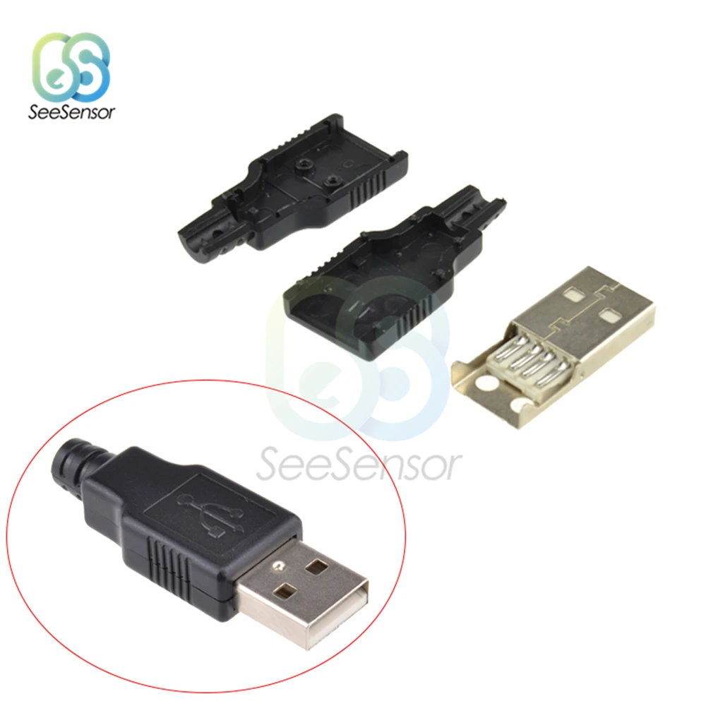 5 шт. USB 2,0 Тип Мужской USB 4 адаптер штепсельной вилки разъем с черный пластик крышка