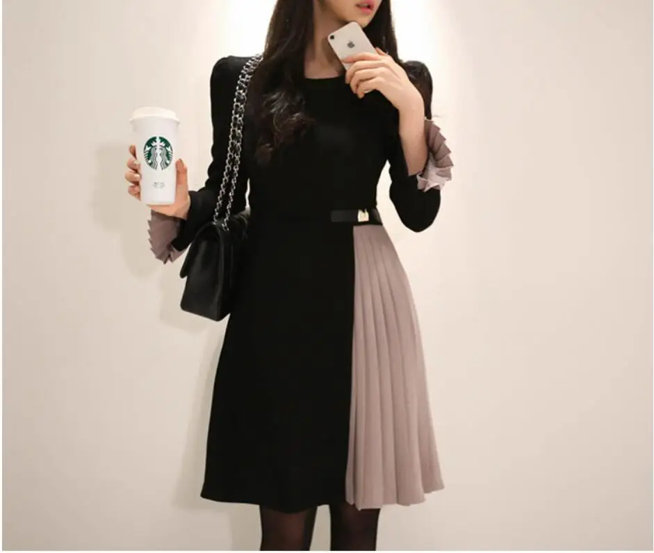 

vestidos Free shiping New Korean O-Neck Flare Sleeve Patchwork Slim Sexy Women dress
