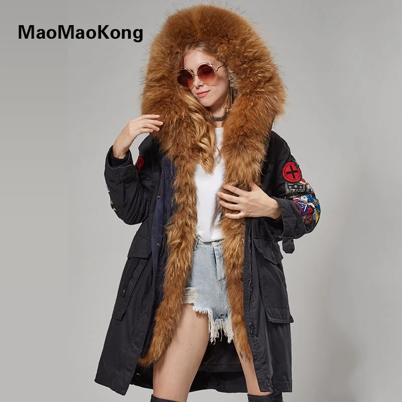 MaoMaoKong X-Long вышивка большой натуральный мех енота с капюшоном парки пальто женская