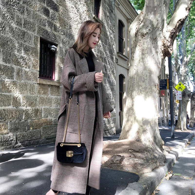 Women Plus Size Long Plaid Woolen Coat Autumn Winter Overcoat