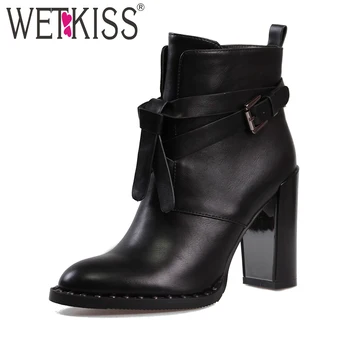 

WETKISS 2018 Buckle Strap Rivet Ankle Boots New Comfortable Warm Zip Winter Boots Superstar Women Shoes Super Thick High Heels