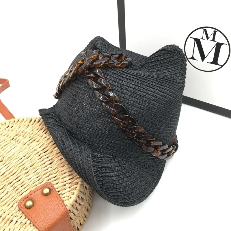 

Fashionable design feeling independent small edge cross chain straw hat alone the ear cat black female joker character hat