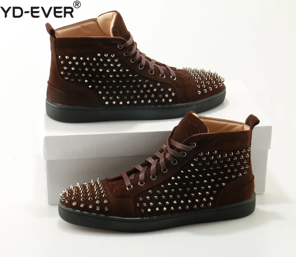 

2019 Coffee Suede Spikes High Top Sneakers Red Thick Bottoms Men Causal Shoes Fashion Lovers Luxury Designer Flat Shoes Size 46
