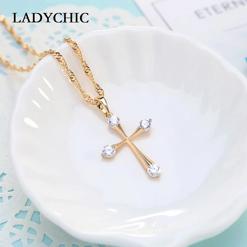 LADYCHIC Simple Cubic Zirconia Gold Color Cross Pendant Fashion Cute Cross Necklace Women Prayer Christian Jesus Jewelry LN1073